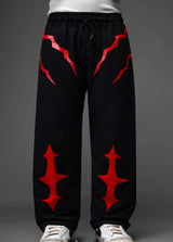 Oversized Black Streetwear Track Pants with Red Graphic – Baggy Fit Y2K Techwear Joggers | Trendy Korean Style Loose Pants for Men