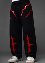 Oversized Black Streetwear Track Pants with Red Graphic – Baggy Fit Y2K Techwear Joggers | Trendy Korean Style Loose Pants for Men
