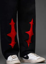Oversized Black Streetwear Track Pants with Red Graphic – Baggy Fit Y2K Techwear Joggers | Trendy Korean Style Loose Pants for Men