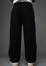 Oversized Black Streetwear Track Pants with Red Graphic – Baggy Fit Y2K Techwear Joggers | Trendy Korean Style Loose Pants for Men