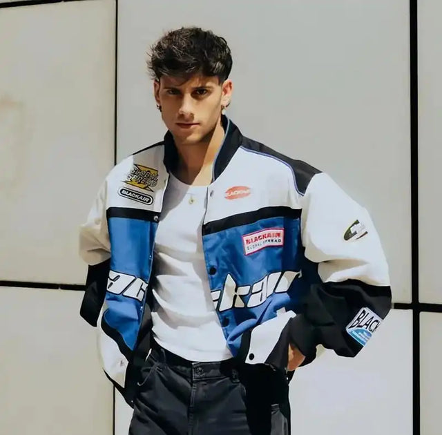 BlackAir Blue Racing Jacket – Vintage Motorsport Streetwear Jacket | Oversized Biker Style Varsity Jacket for Men