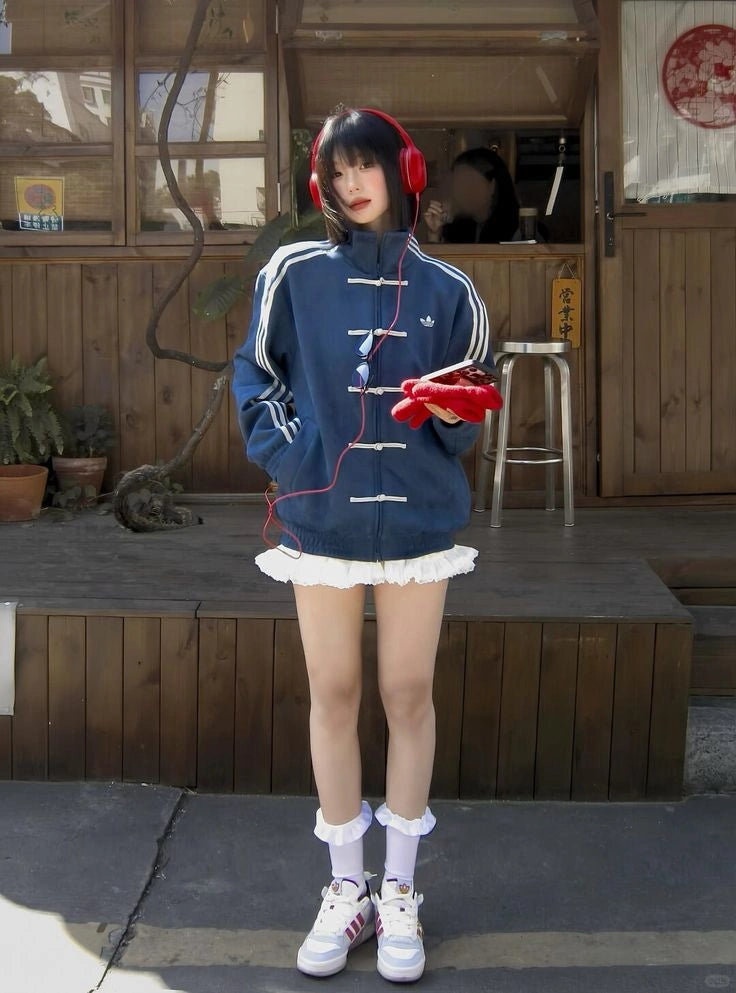 Women’s Oversized Blue Chinese Knot Jacket – Korean Streetwear High Neck Casual Zip-Up Jacket