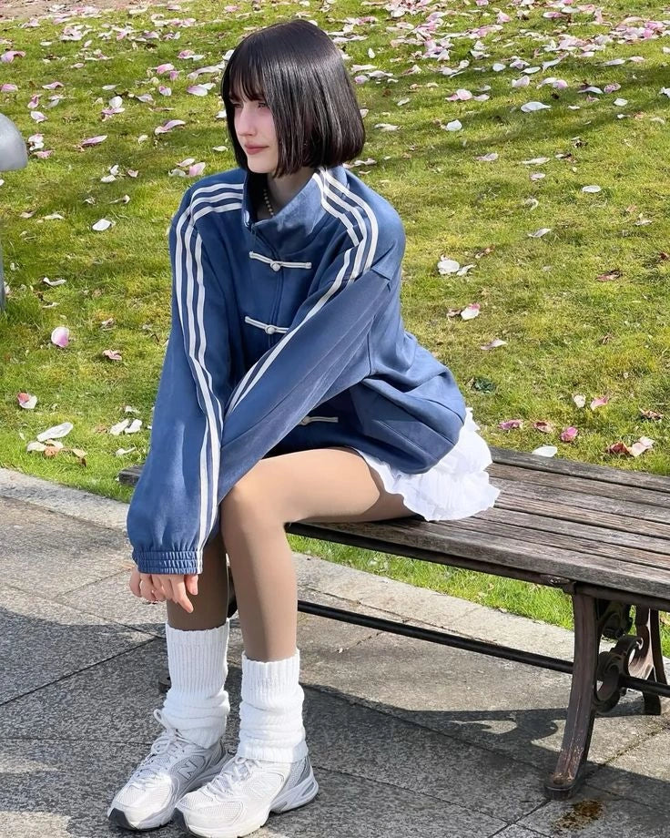 Women’s Oversized Blue Chinese Knot Jacket – Korean Streetwear High Neck Casual Zip-Up Jacket