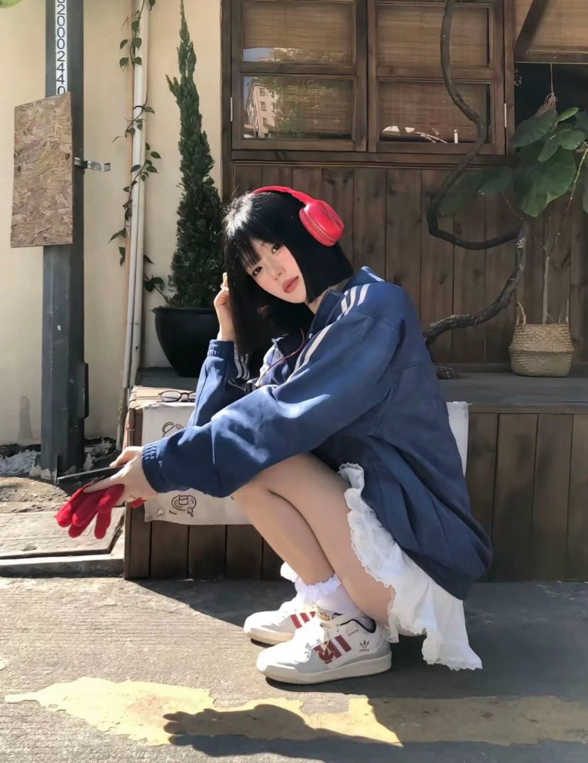 Women’s Oversized Blue Chinese Knot Jacket – Korean Streetwear High Neck Casual Zip-Up Jacket