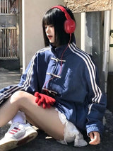 Women’s Oversized Blue Chinese Knot Jacket – Korean Streetwear High Neck Casual Zip-Up Jacket