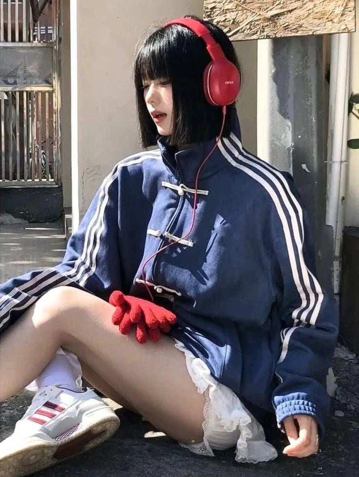 Women’s Oversized Blue Chinese Knot Jacket – Korean Streetwear High Neck Casual Zip-Up Jacket