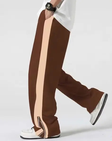 Brown Side Stripe Zip Track Pants for Men & Women – Oversized Korean Streetwear Wide Leg Joggers | Premium Casual Urban Pants