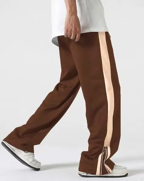 Brown Side Stripe Zip Track Pants for Men & Women – Oversized Korean Streetwear Wide Leg Joggers | Premium Casual Urban Pants