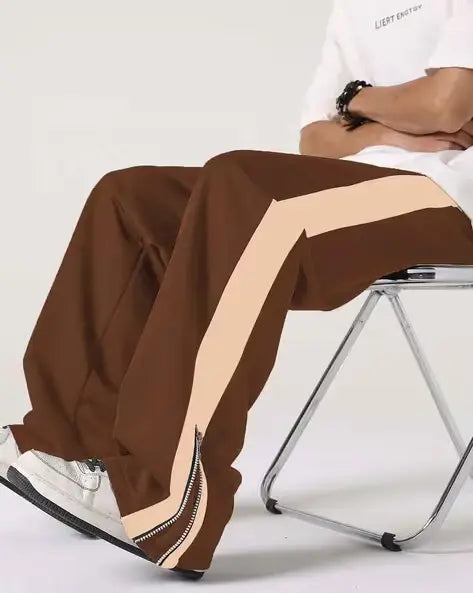 Brown Side Stripe Zip Track Pants for Men & Women – Oversized Korean Streetwear Wide Leg Joggers | Premium Casual Urban Pants