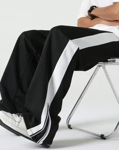 Black Side Stripe Zip Track Pants for Men & Women – Oversized Korean Streetwear Wide Leg Joggers |  Aesthetic Baggy Pants