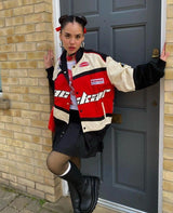 Blackair Motorsport Racing Jacket – Red Black Streetwear Varsity Jacket for Women