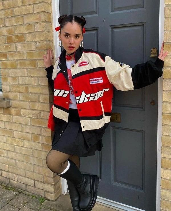 Blackair Motorsport Racing Jacket – Red Black Streetwear Varsity Jacket for Women