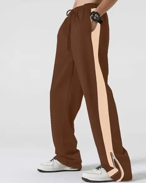 Brown Side Stripe Zip Track Pants for Men & Women – Oversized Korean Streetwear Wide Leg Joggers | Premium Casual Urban Pants