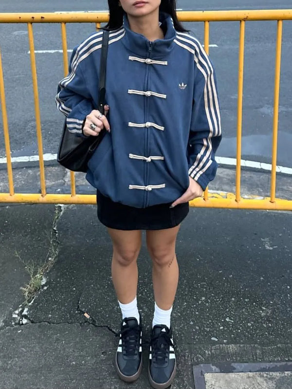 CNY Chinese Style Blue Oversized Jacket – Kung Fu Button Streetwear Track Jacket (Unisex)