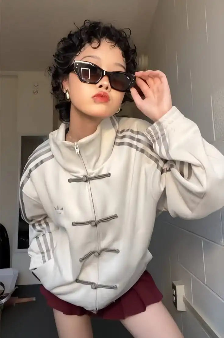 CNY Chinese Style White Oversized Jacket – Streetwear Kung Fu Button Track Jacket for Men & Women