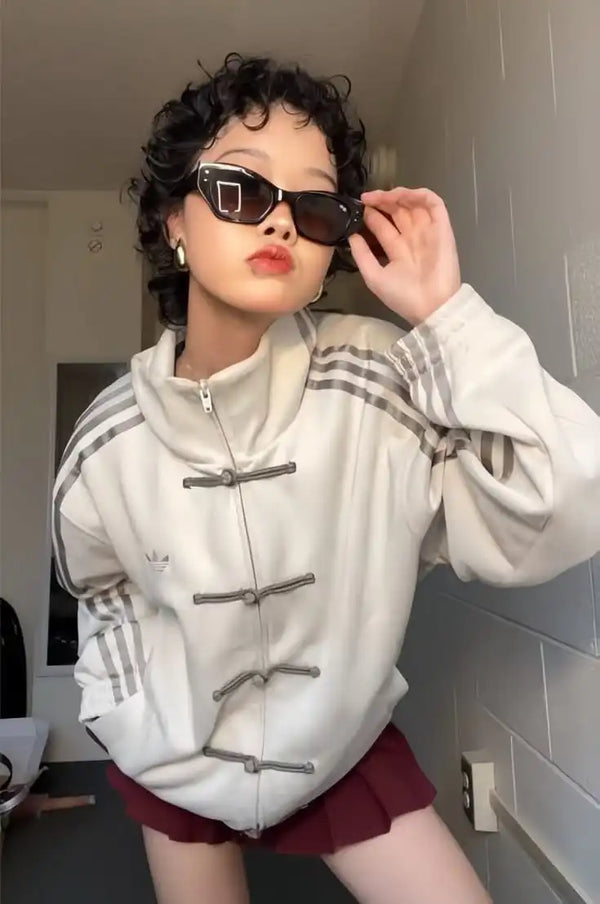 CNY Chinese Style White Oversized Jacket – Streetwear Kung Fu Button Track Jacket for Men & Women