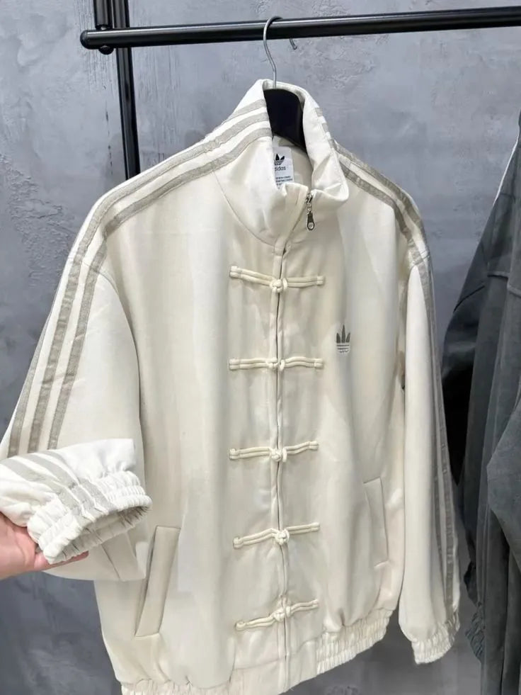 CNY Chinese Style White Oversized Jacket – Streetwear Kung Fu Button Track Jacket for Men & Women