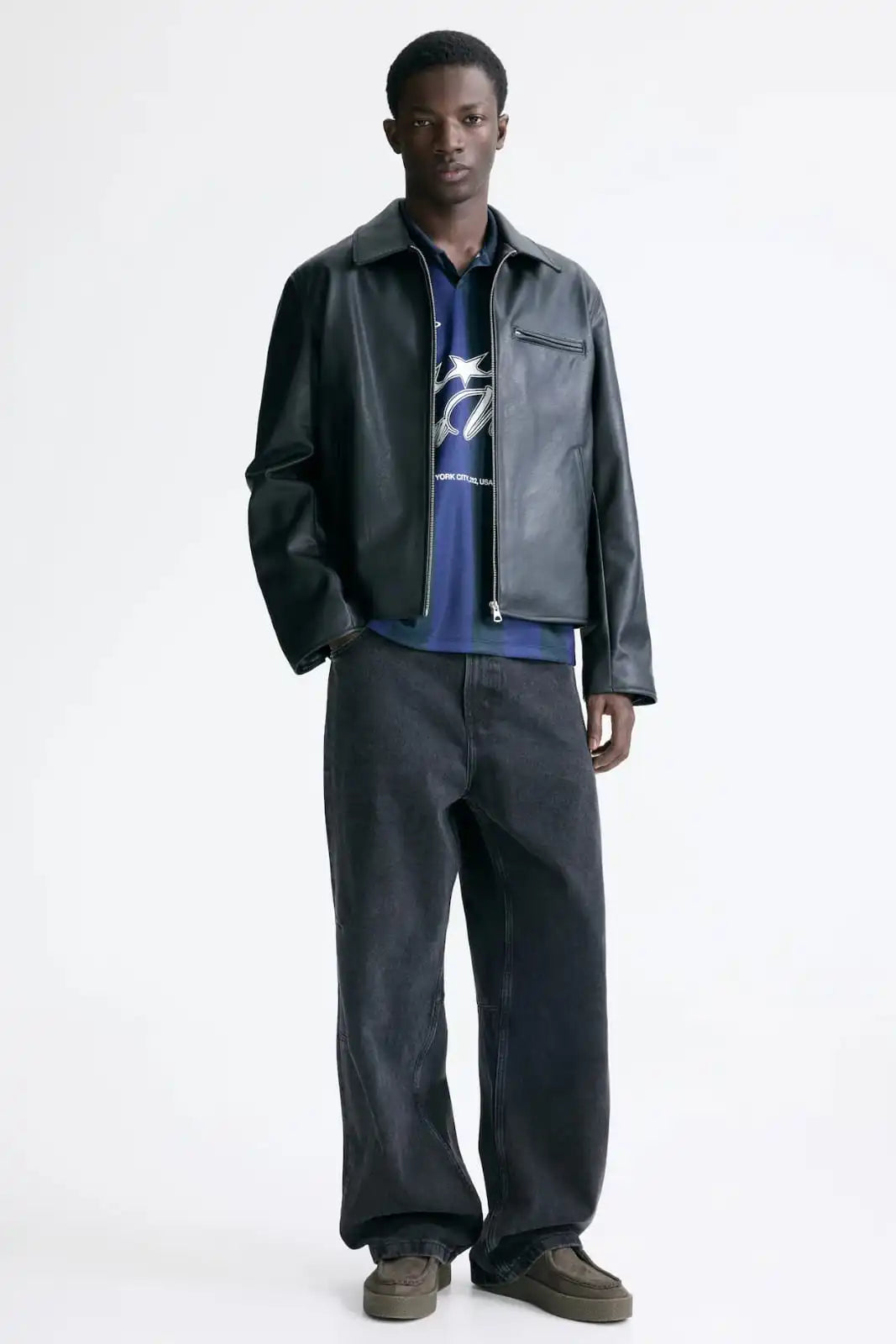 Men’s Black Leather Jacket – Minimal Classic Zip-Up Jacket for Streetwear and Casual Style