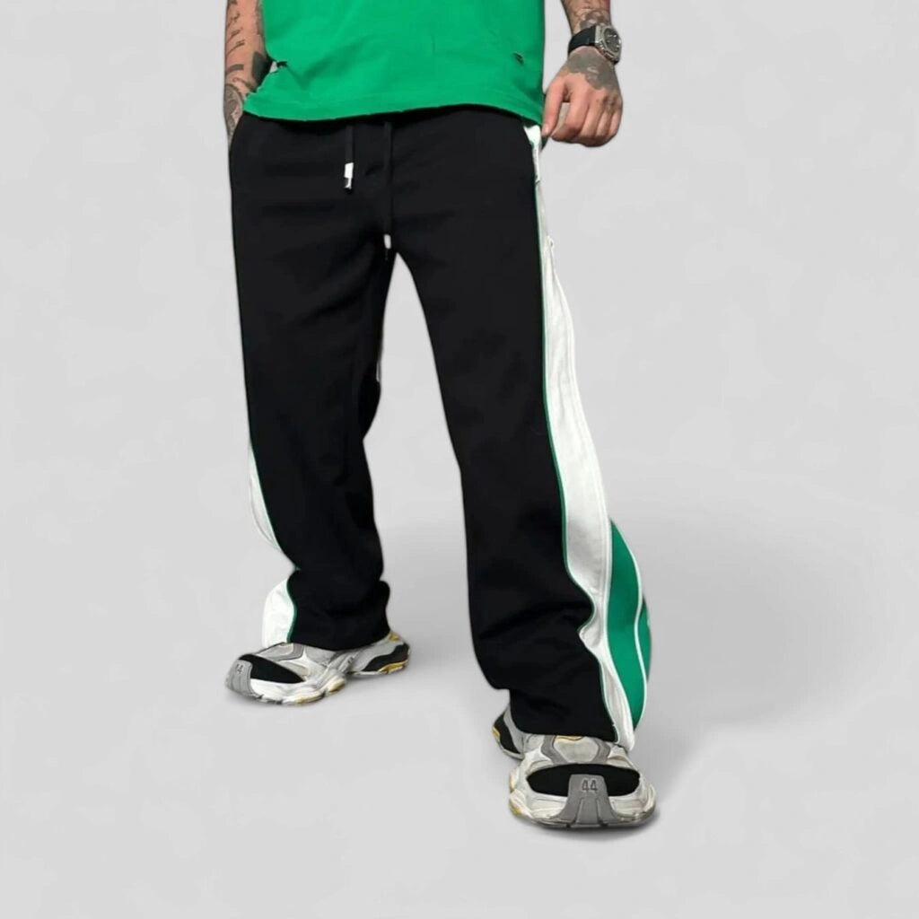 Men’s Black Track Pants with Green Side Panel & Zip Detail – Oversized Streetwear Joggers, Wide Leg Casual Pants for Urban Style