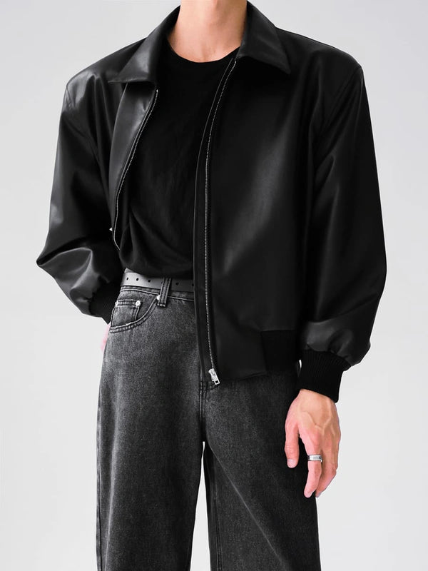 Oversized Black Faux Leather Bomber Jacket for Men – Minimal Streetwear Zip-Up Jacket with Ribbed Hem