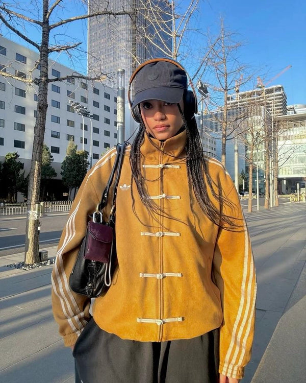 Oversized Mustard Yellow Chinese Knot Jacket – Vintage Korean Streetwear Track Jacket
