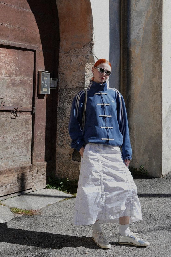Oversized Navy Blue Chinese Knot Jacket – Korean Streetwear High Neck Track Jacket