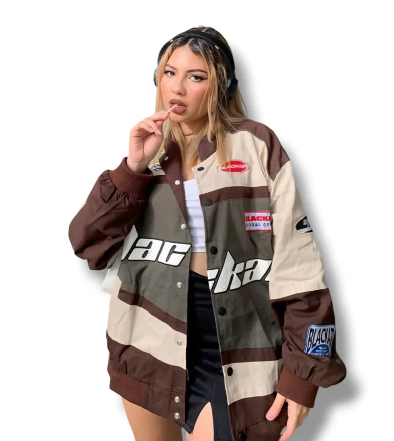 Oversized Racing Jacket for Men & Women – Blackair Motorsports Streetwear Bomber Jacket in Brown & Beige