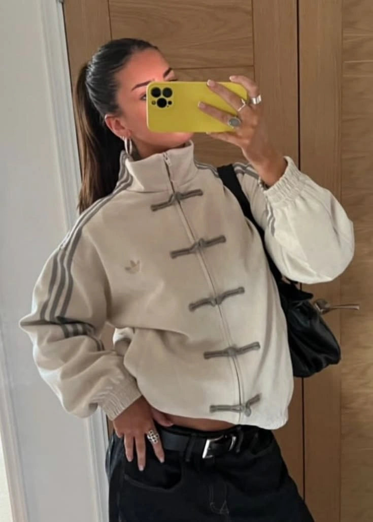 Oversized White Chinese Knot Jacket – Korean Streetwear High Neck Zip-Up Track Jacket