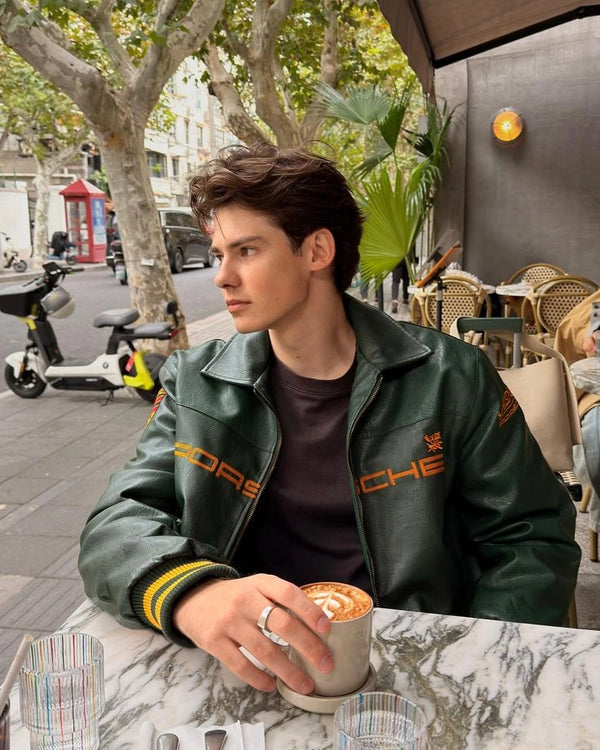 Porsche Inspired Green Leather Jacket – Premium Motorsport Streetwear Jacket for Men
