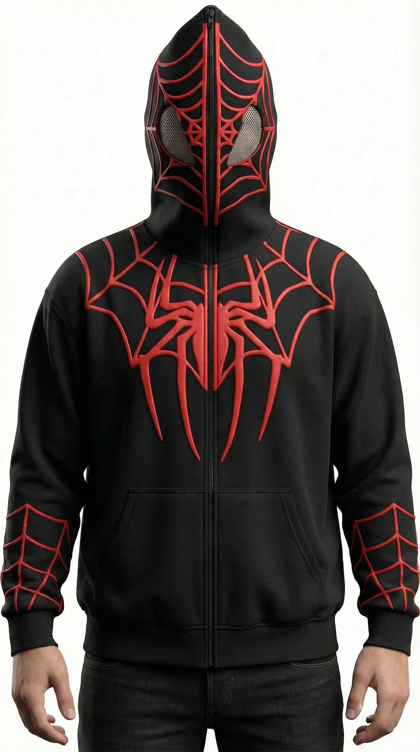 Spider Web Mask Zip-Up Hoodie –  Streetwear Full Face Hoodie Jacket for Men & Women | Gothic Anime Style Oversized Sweatshirt