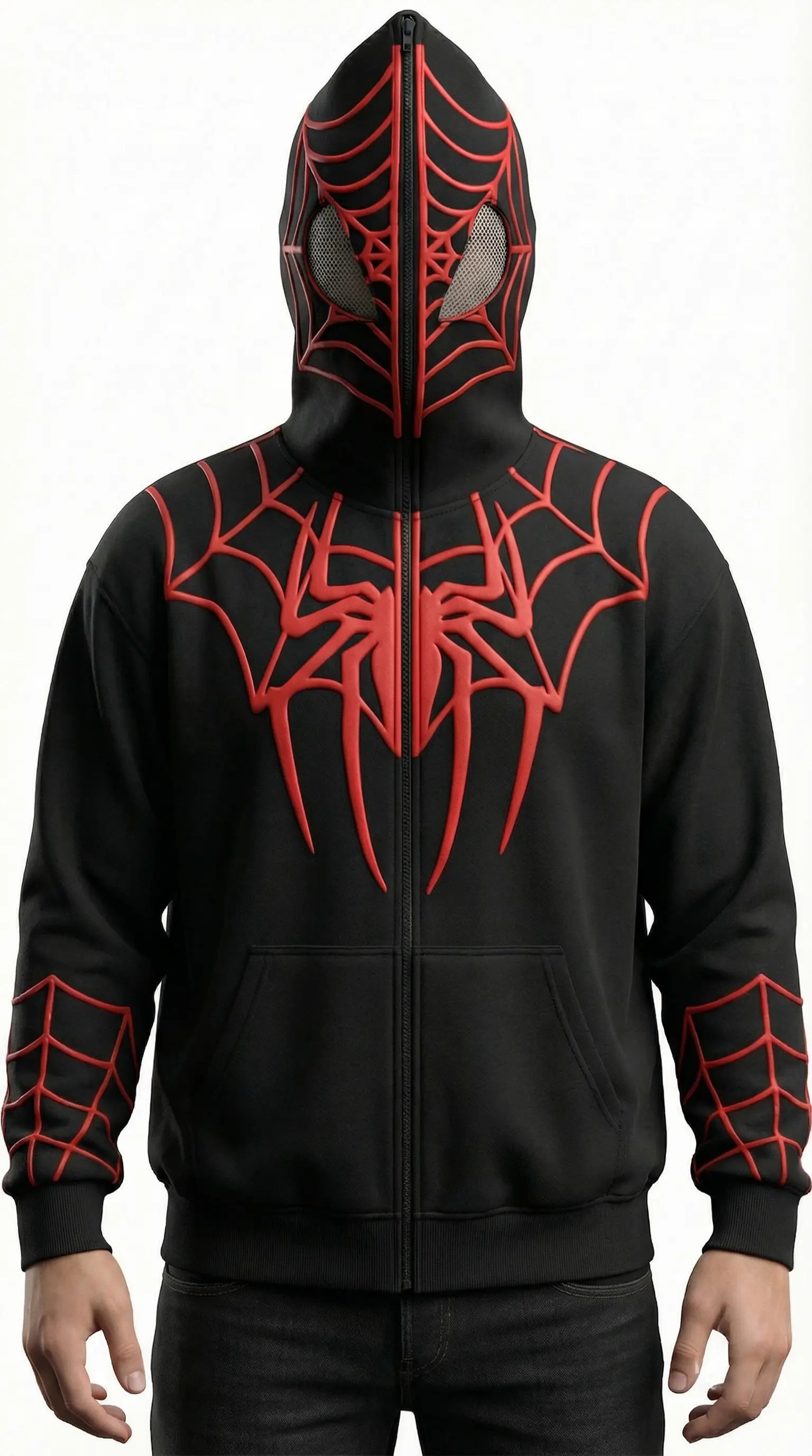 Spider Web Mask Zip-Up Hoodie –  Streetwear Full Face Hoodie Jacket for Men & Women | Gothic Anime Style Oversized Sweatshirt