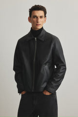 Men’s Premium Black Leather Jacket – Minimalist Zip-Up Winter Jacket | Stylish Slim Fit Biker Jacket