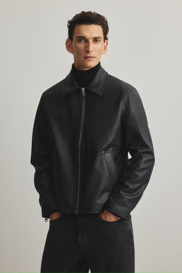 Men’s Premium Black Leather Jacket – Minimalist Zip-Up Winter Jacket | Stylish Slim Fit Biker Jacket