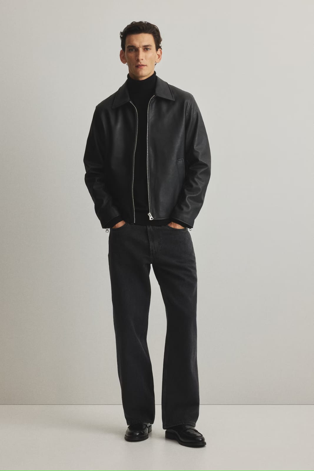 Men’s Premium Black Leather Jacket – Minimalist Zip-Up Winter Jacket | Stylish Slim Fit Biker Jacket