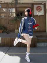 Women’s Oversized Blue Chinese Knot Jacket – Korean Streetwear High Neck Casual Zip-Up Jacket