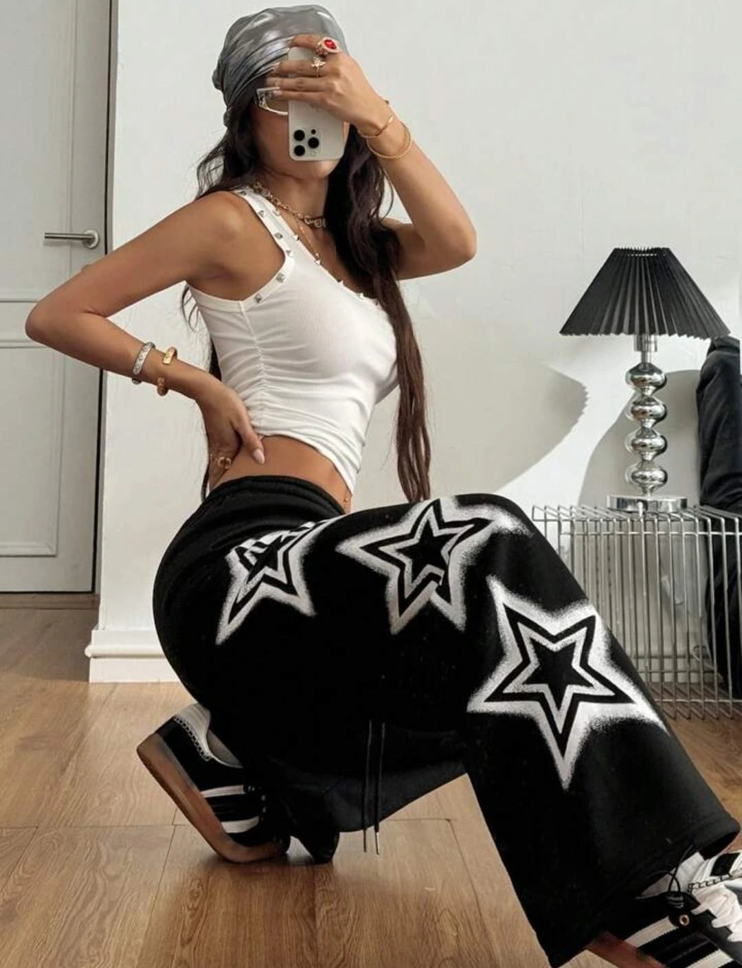Women’s Oversized Black Star Track Pants – Y2K Baggy Streetwear Cargo Joggers | Korean Aesthetic Loose Fit Sweatpants