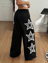 Women’s Oversized Black Star Track Pants – Y2K Baggy Streetwear Cargo Joggers | Korean Aesthetic Loose Fit Sweatpants