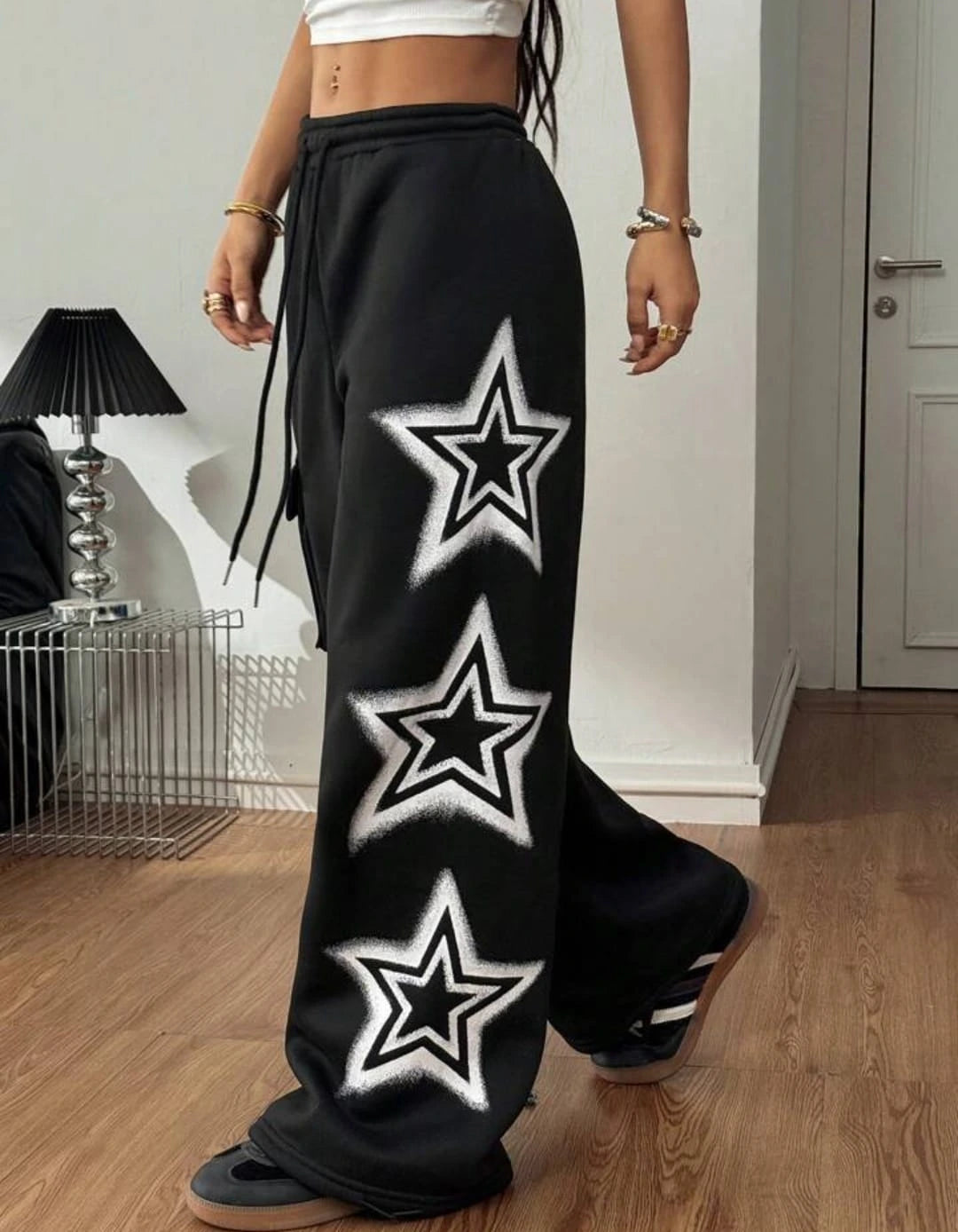 Women’s Oversized Black Star Track Pants – Y2K Baggy Streetwear Cargo Joggers | Korean Aesthetic Loose Fit Sweatpants