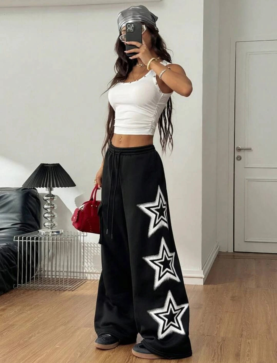 Women’s Oversized Black Star Track Pants – Y2K Baggy Streetwear Cargo Joggers | Korean Aesthetic Loose Fit Sweatpants