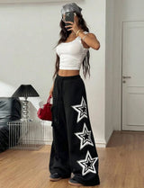 Women’s Oversized Black Star Track Pants – Y2K Baggy Streetwear Cargo Joggers | Korean Aesthetic Loose Fit Sweatpants