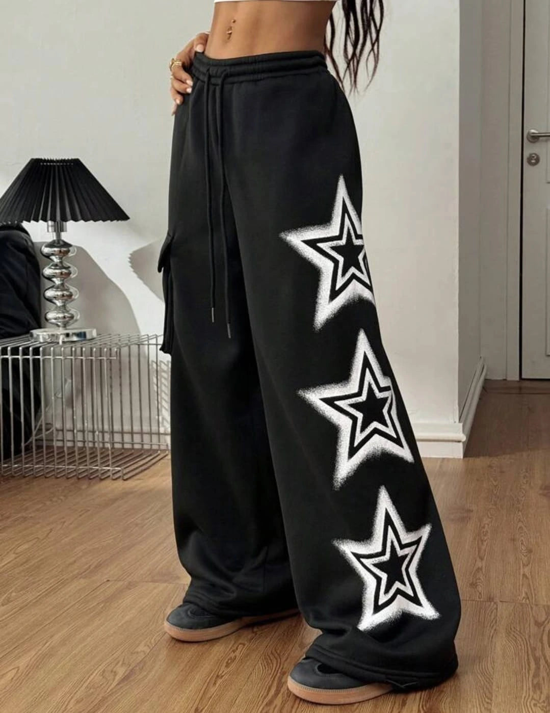 Women’s Oversized Black Star Track Pants – Y2K Baggy Streetwear Cargo Joggers | Korean Aesthetic Loose Fit Sweatpants