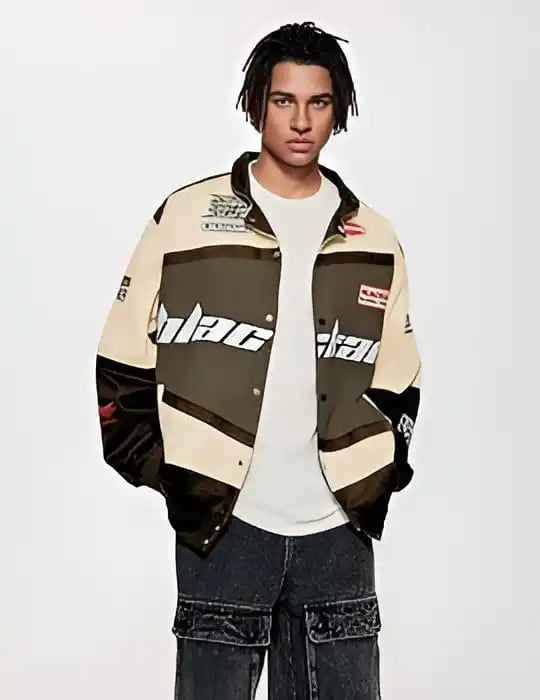 BlackAir Brown Racing Jacket – Vintage Motorsport Streetwear Jacket | Oversized Biker Varsity Jacket for Men (Y2K Aesthetic)