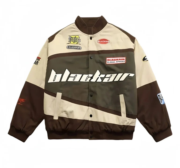Oversized Racing Jacket for Men & Women – Blackair Motorsports Streetwear Bomber Jacket in Brown & Beige