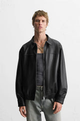 Minimal Black Faux Leather Jacket – Premium Oversized Streetwear Jacket for Men | Classic Zip-Up Casual Biker Style