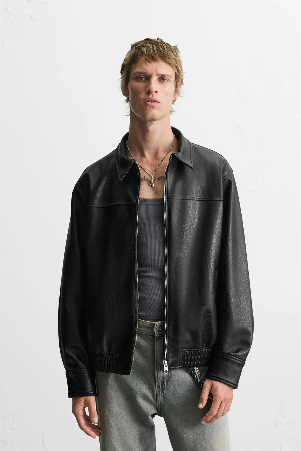 Minimal Black Faux Leather Jacket – Premium Oversized Streetwear Jacket for Men | Classic Zip-Up Casual Biker Style