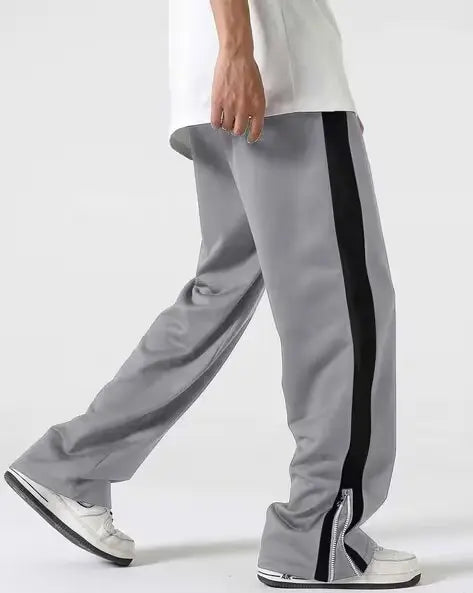 Grey Side Stripe Zip Track Pants for Men & Women – Oversized Korean Streetwear Wide Leg Joggers | Premium Casual Fashion Pants