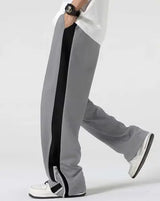 Grey Side Stripe Zip Track Pants for Men & Women – Oversized Korean Streetwear Wide Leg Joggers | Premium Casual Fashion Pants