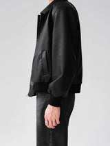 Oversized Black Faux Leather Bomber Jacket for Men – Minimal Streetwear Zip-Up Jacket with Ribbed Hem