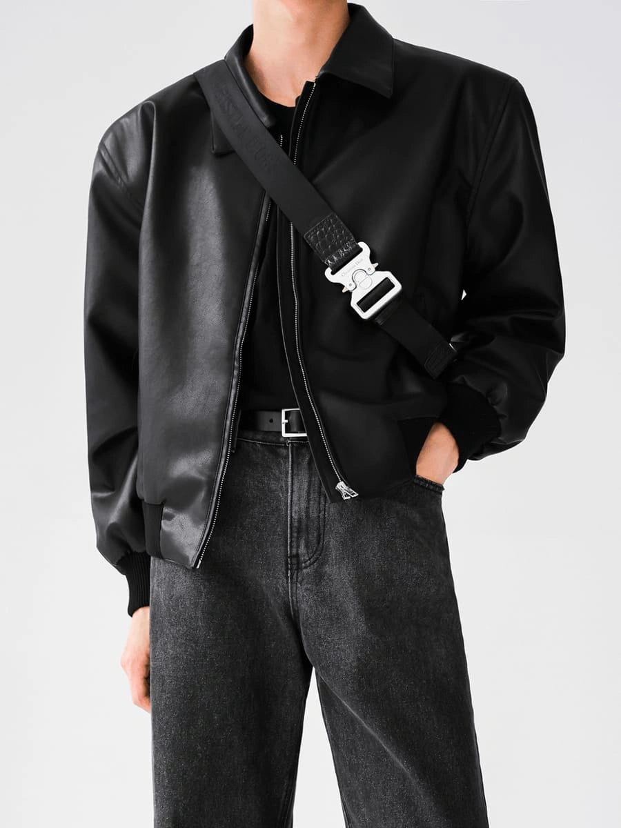 Oversized Black Faux Leather Bomber Jacket for Men – Minimal Streetwear Zip-Up Jacket with Ribbed Hem