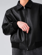 Oversized Black Faux Leather Bomber Jacket for Men – Minimal Streetwear Zip-Up Jacket with Ribbed Hem